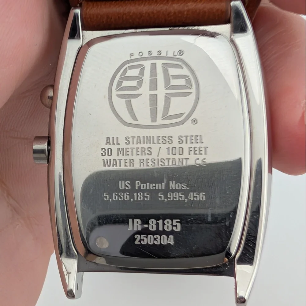 Fossil JR-8185 Y2K Flip Dial Unisex Cuff Watch Tan Leather Retro Futuristic 30mm